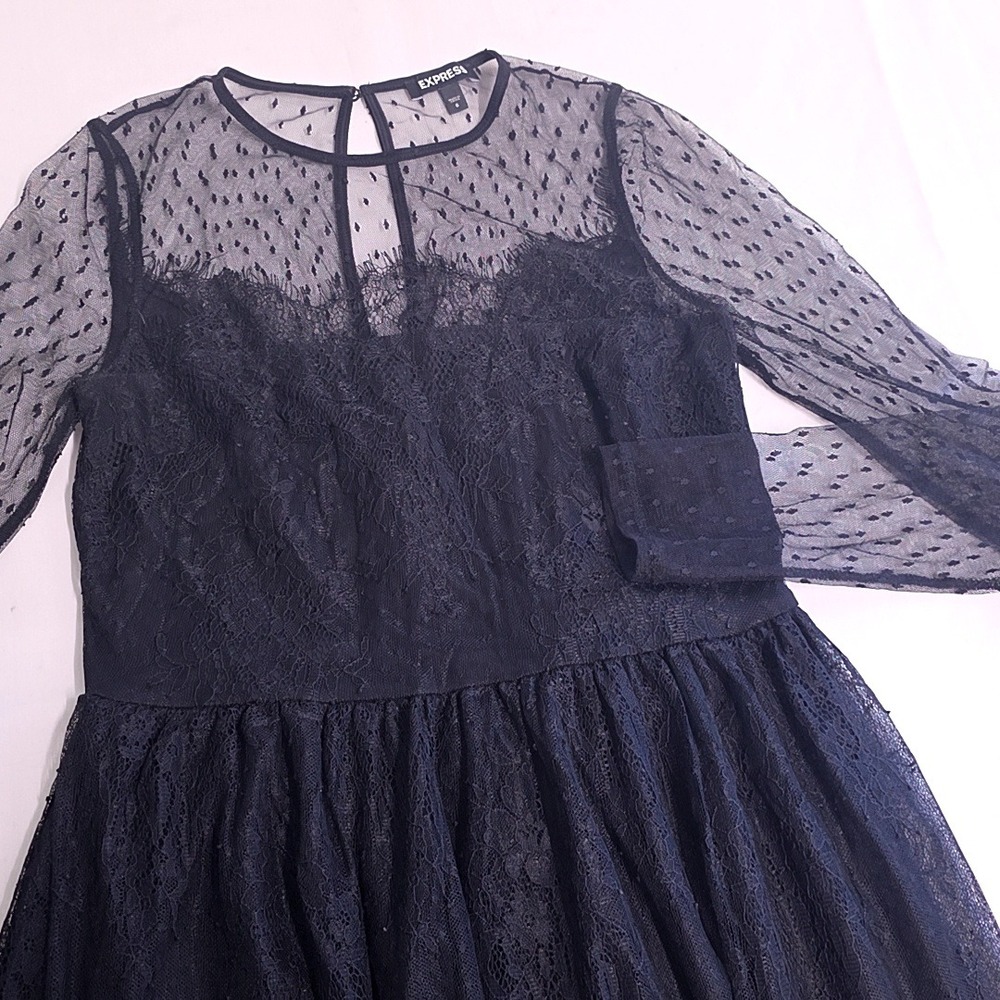 Express Dress Women 6 Black Lace Swiss Dot Sheer Long Sleeve Mini Fit Flare